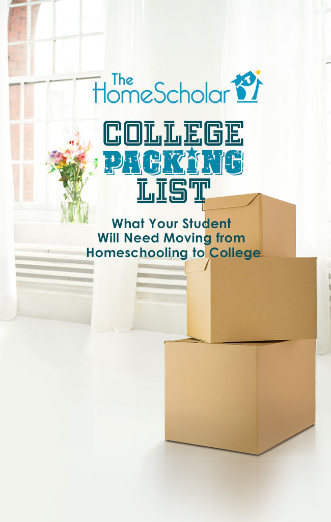 Promotional graphic for The HomeScholar. Text reads: ‘College Packing List – What Your Student Will Need Moving from Homeschooling to College.’ Background shows two stacked cardboard moving boxes in a bright room with a window and flowers on the left.