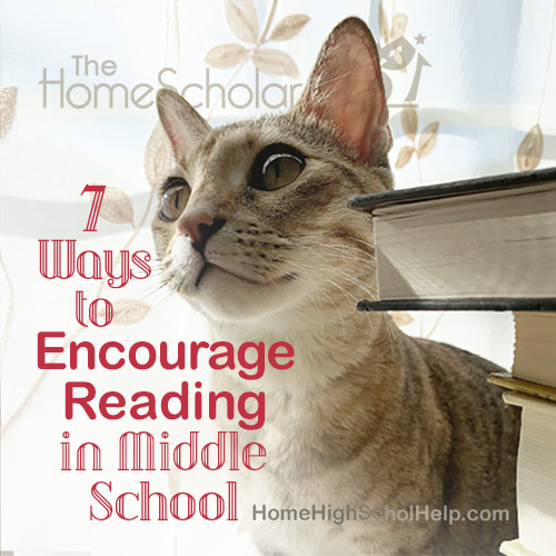 Cover image for The HomeScholar resource titled '7 Ways to Encourage Reading in Middle School.' The design shows a close-up of a cat looking upward beside a stack of books, with sheer curtains and a floral pattern in the background. The HomeScholar logo and website HomeHighSchoolHelp.com appear in the layout.